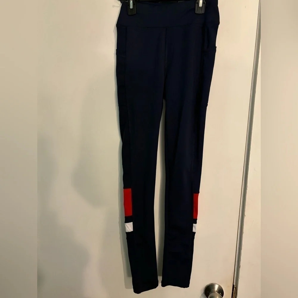 NWT Lydaa Womens Leggings Small/Medium Navy Red‎ White Full Length Side Pockets